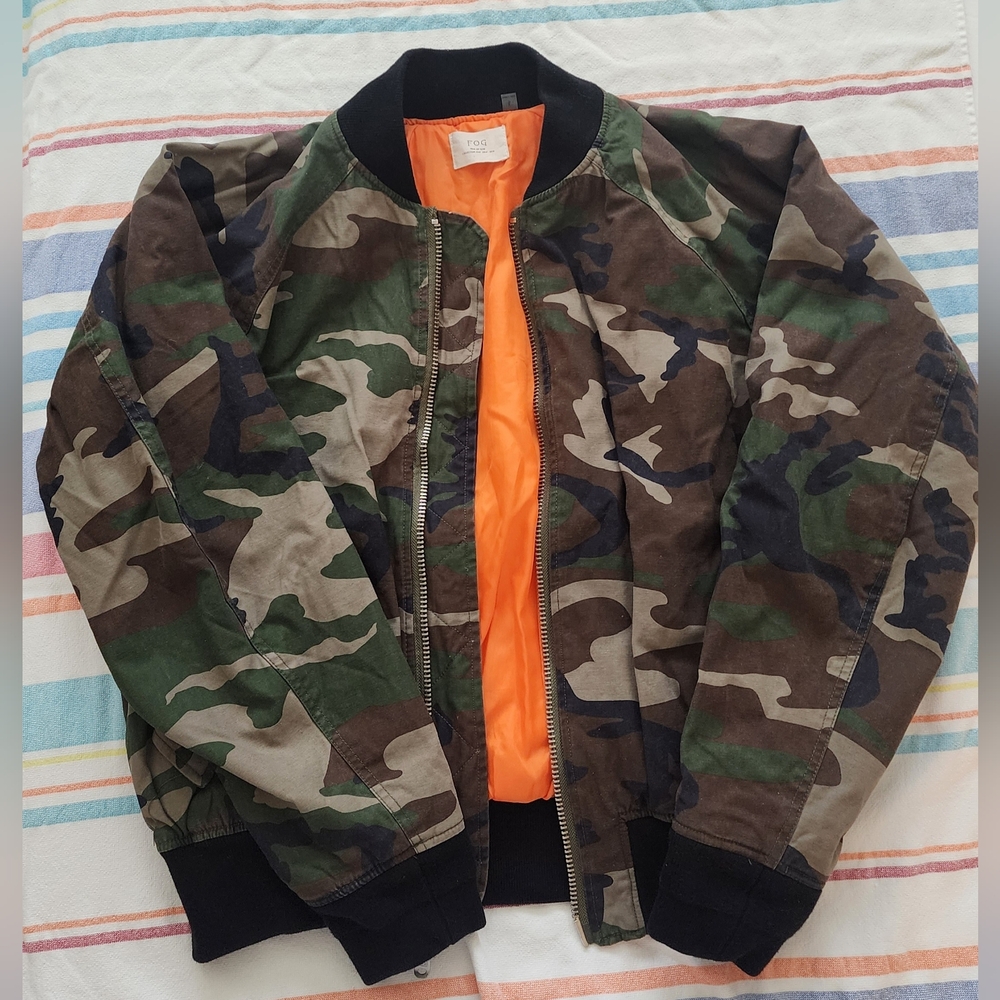 Camouflage Bomber Jacket with Bright Orange Interior